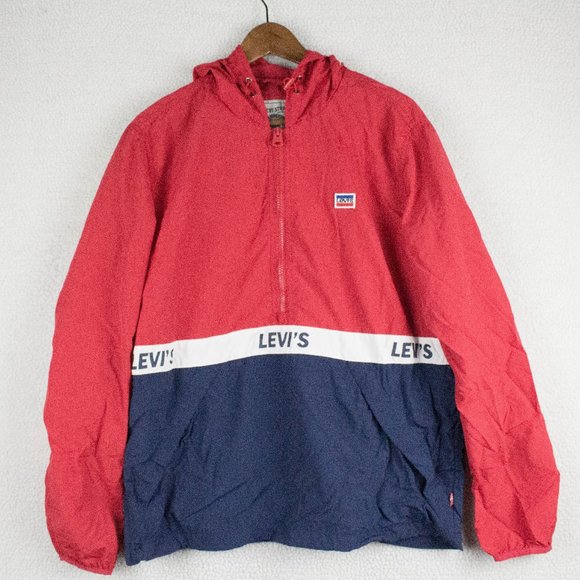 Levis Jacket Mens Medium Red Blue Oversized Half Zip Hooded Nylon Retro Striped - Picture 1 of 12